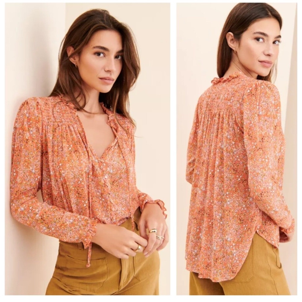 NWOT Free People Lela Floral Blouse Smoked Blouse in Orange and Pink